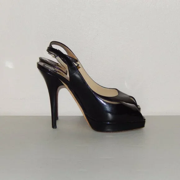 Jimmy Choo Black Patent Peeptoe Slingback Heels Shoes Pumps 36 6 - Picture 8 of 11